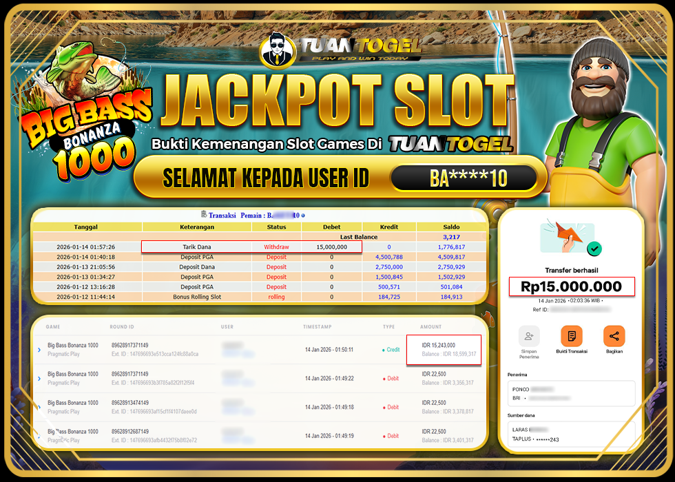 TUANTOGEL JACKPOT SLOT BIG BASS BONANZA 1000 Rp15.000.000, - LUNAS 